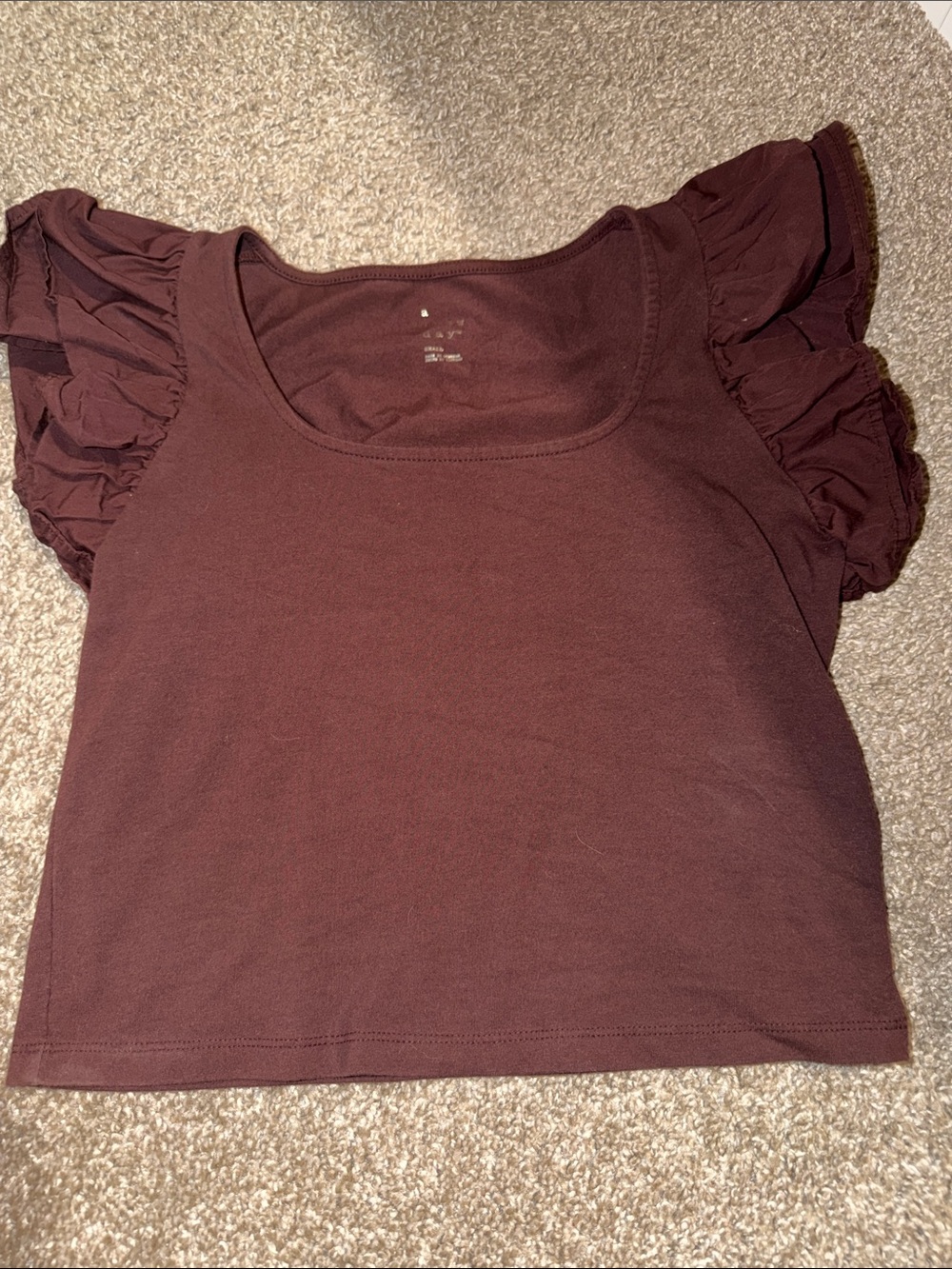 a new day Plum Ruffle Sleeve Scoop Neck Crop Top